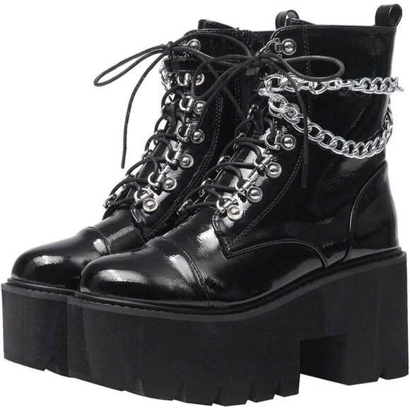 ⚡Women’s 4 Black Combat Lightweight Side Zipper Ankle High Heel ChunkyBoots